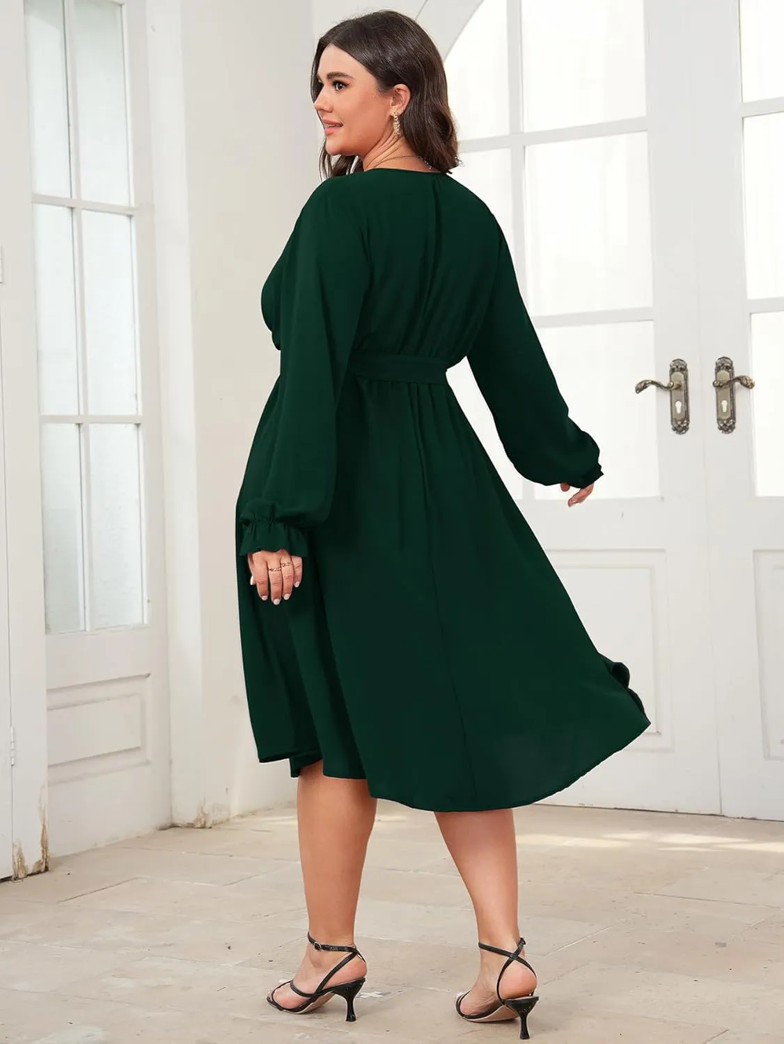 SCOMCHIC Womens Plus Size Wedding Guest Cocktail Midi Dress Winter Long Sleeve Wrap V Neck Belted A-Line Flowy Party Dress