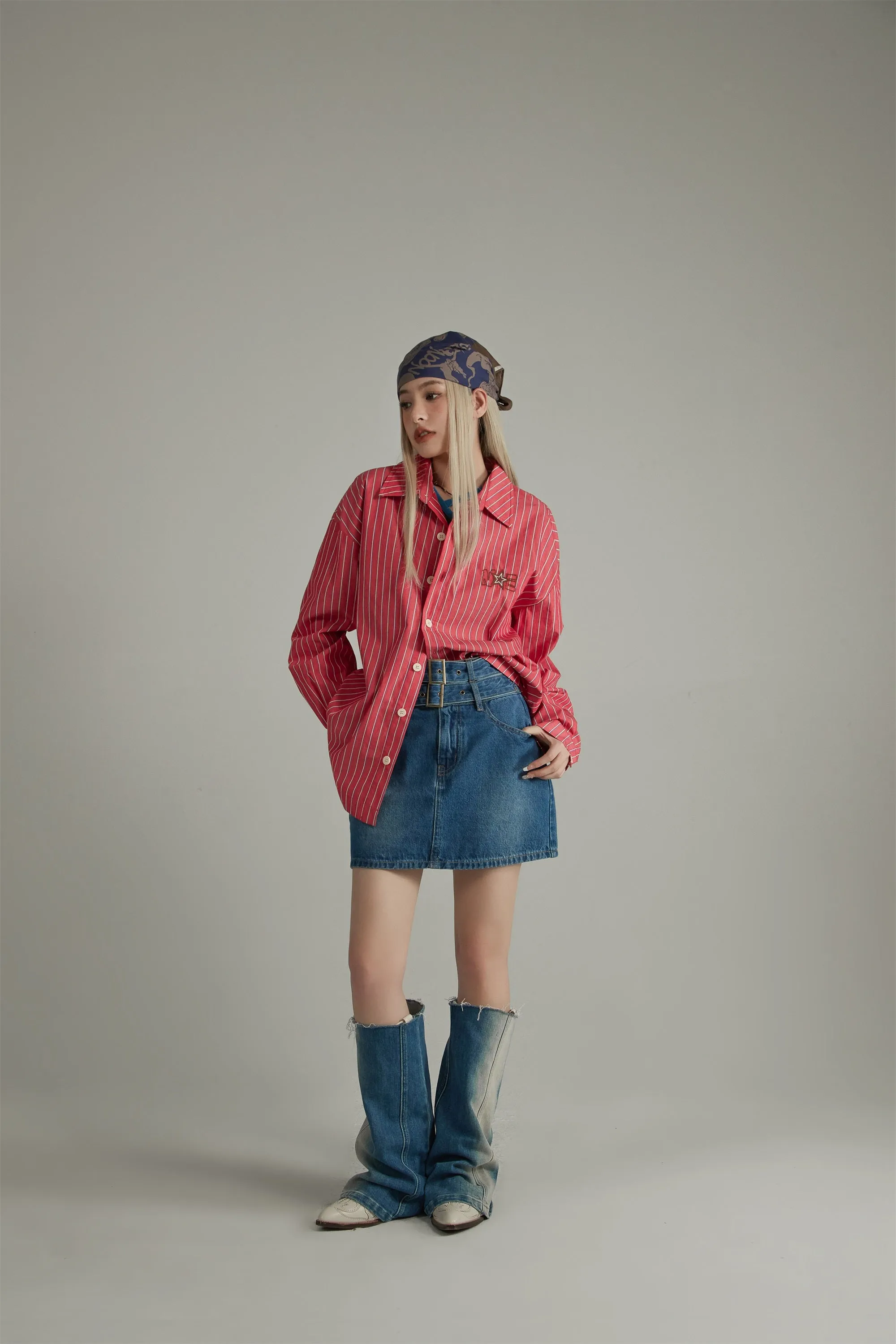 Star Logo Vertical Stripe Loose Fit Shirt