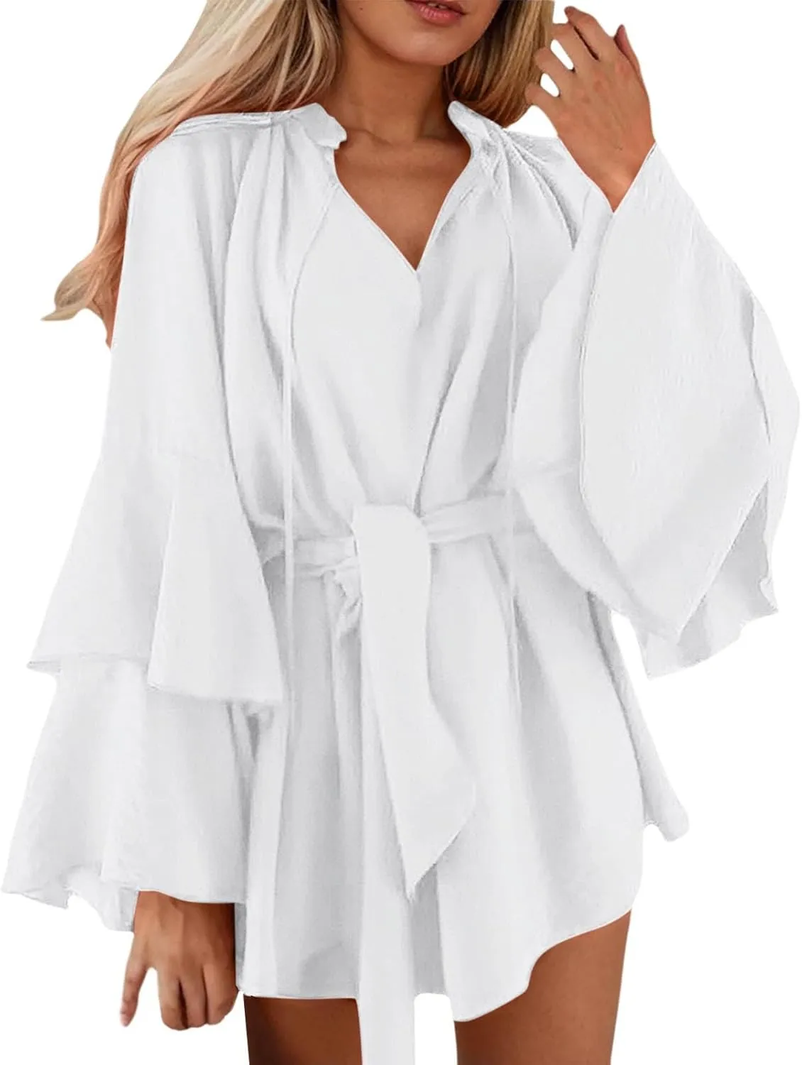 Summer Church Dresses for Women Cute Flowy Tiered Long Sleeve Tie Belt Shirt Mini Dress Petite Evening Party Beach Cover Ups