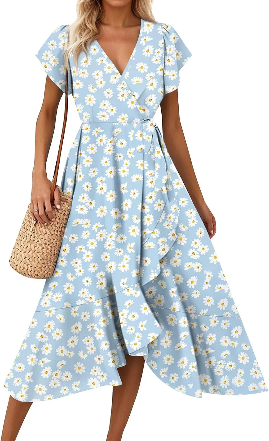 Summer Dresses for Women 2025 Floral Wrap V Neck Midi Dresses Fashion Short Sleeve A Line Sundress Flowy Casual Dress