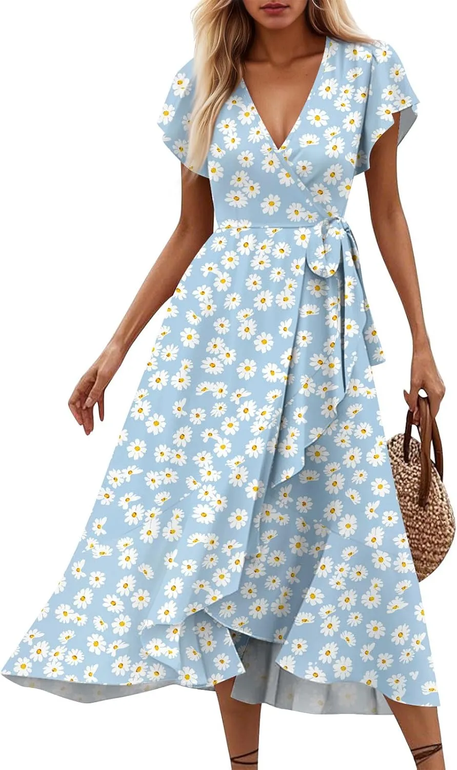 Summer Dresses for Women 2025 Floral Wrap V Neck Midi Dresses Fashion Short Sleeve A Line Sundress Flowy Casual Dress