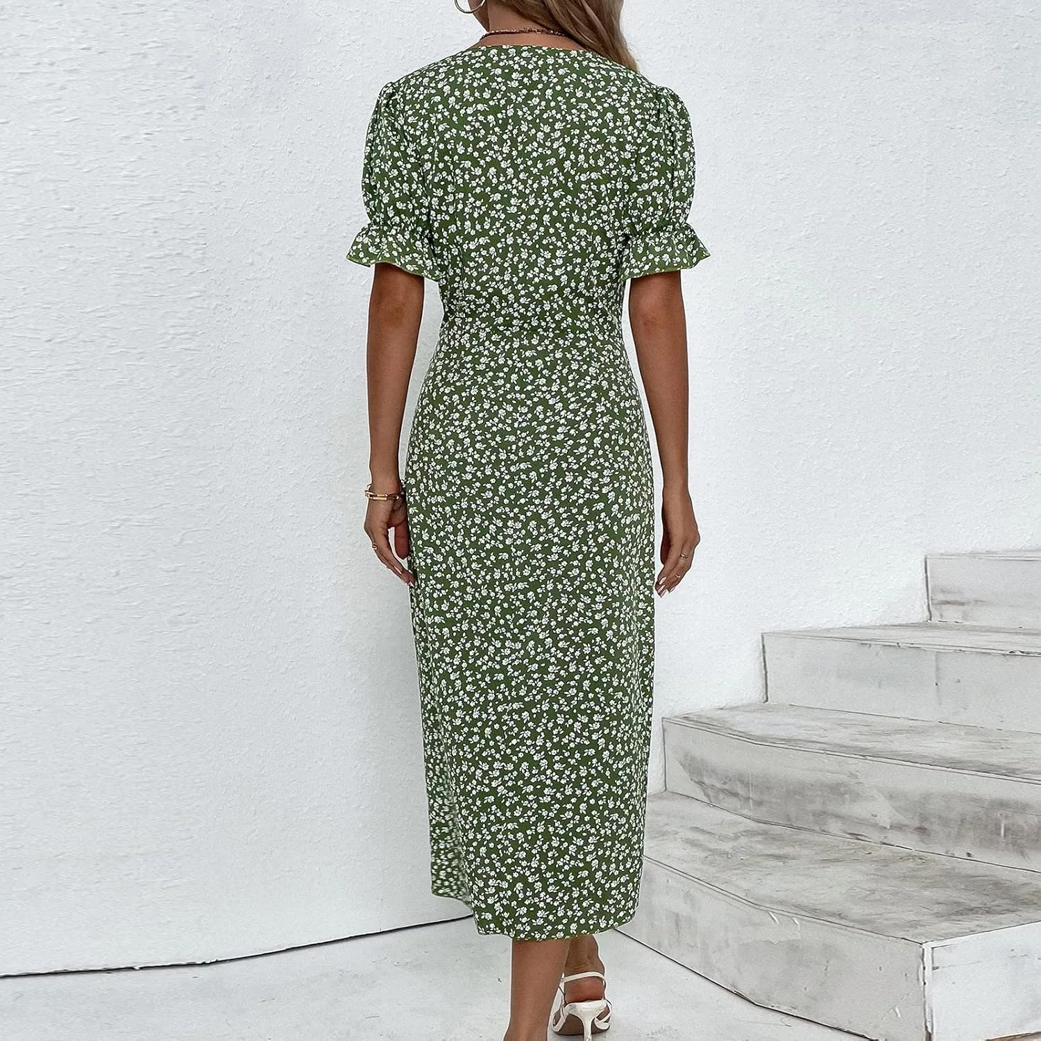Summer Dresses for Women Trendy Wrap V Neck Puff Short Sleeve Floral Boho Dress Flowy Ruched Hawaiian Beach Midi Dersses