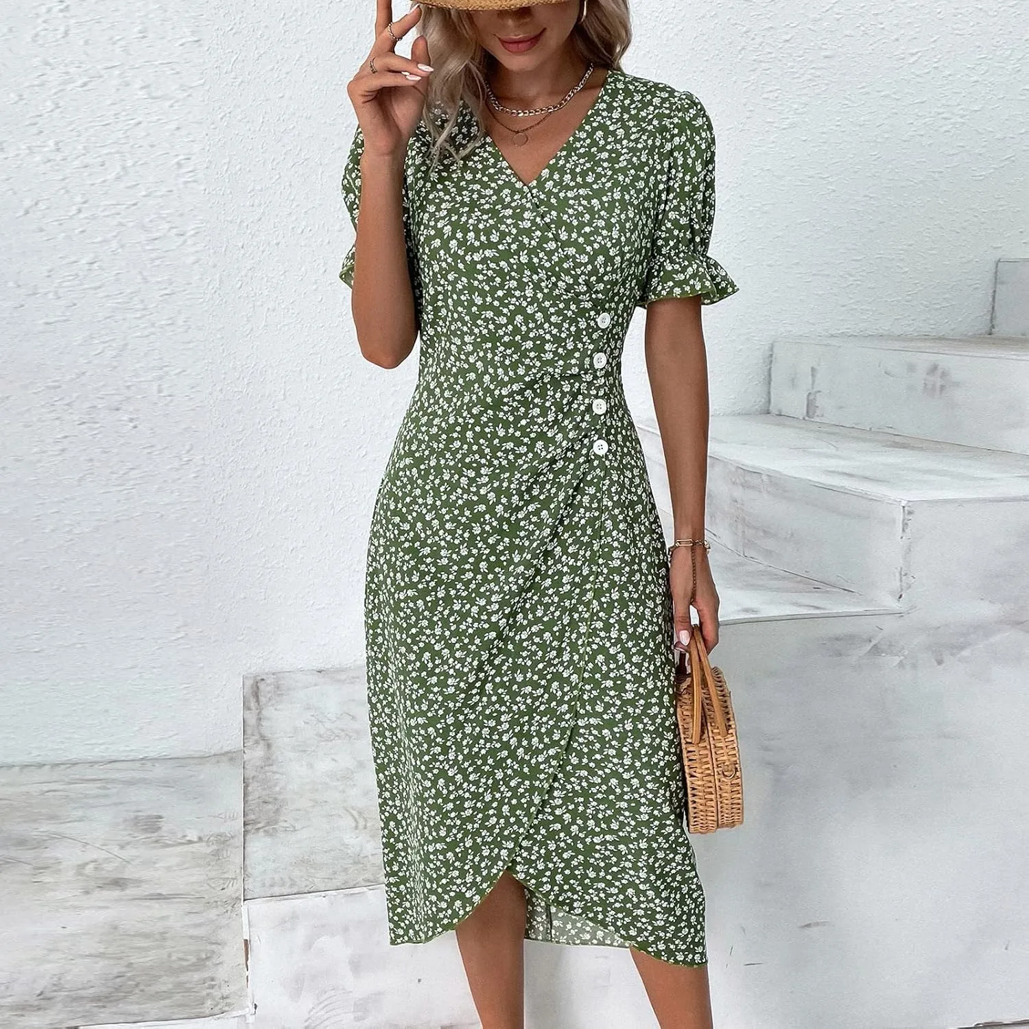 Summer Dresses for Women Trendy Wrap V Neck Puff Short Sleeve Floral Boho Dress Flowy Ruched Hawaiian Beach Midi Dersses