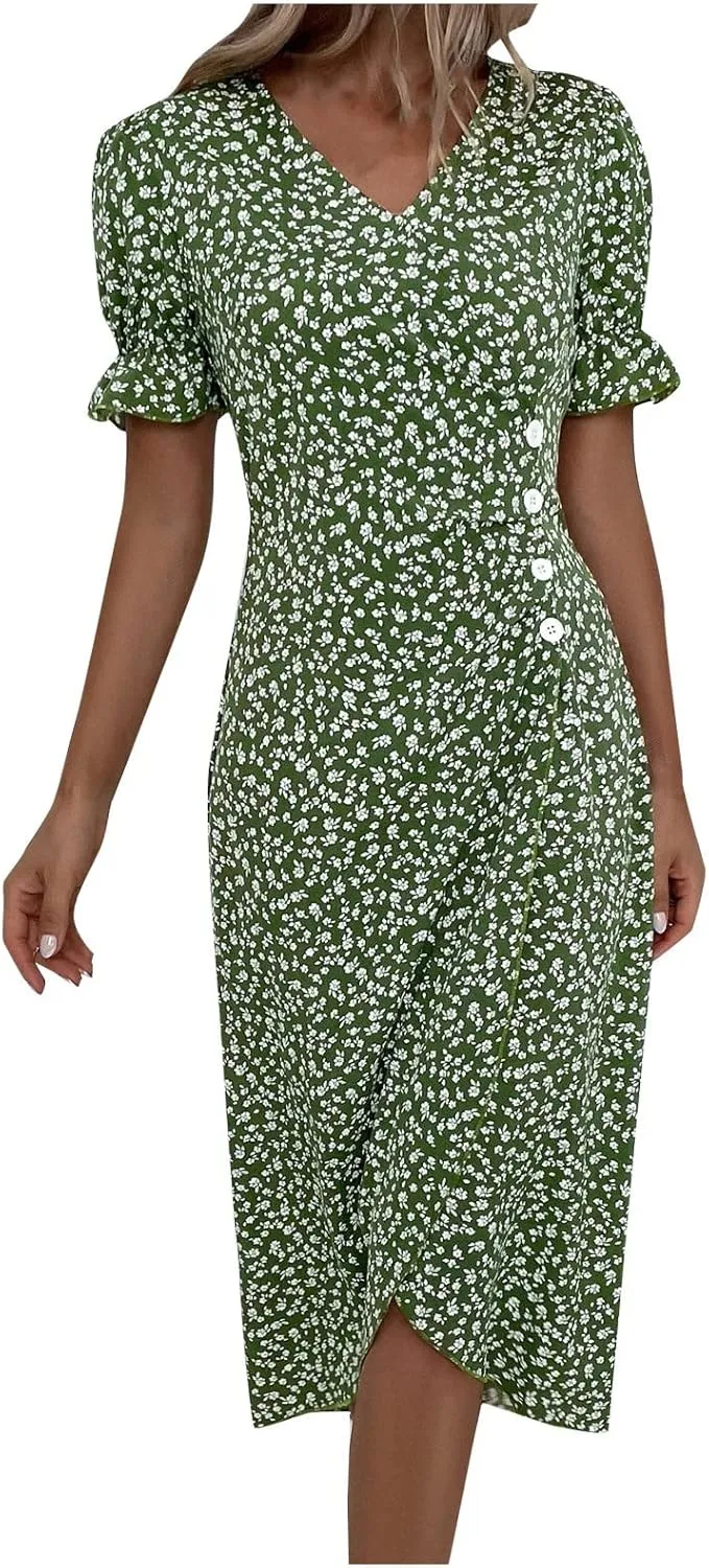 Summer Dresses for Women Trendy Wrap V Neck Puff Short Sleeve Floral Boho Dress Flowy Ruched Hawaiian Beach Midi Dersses