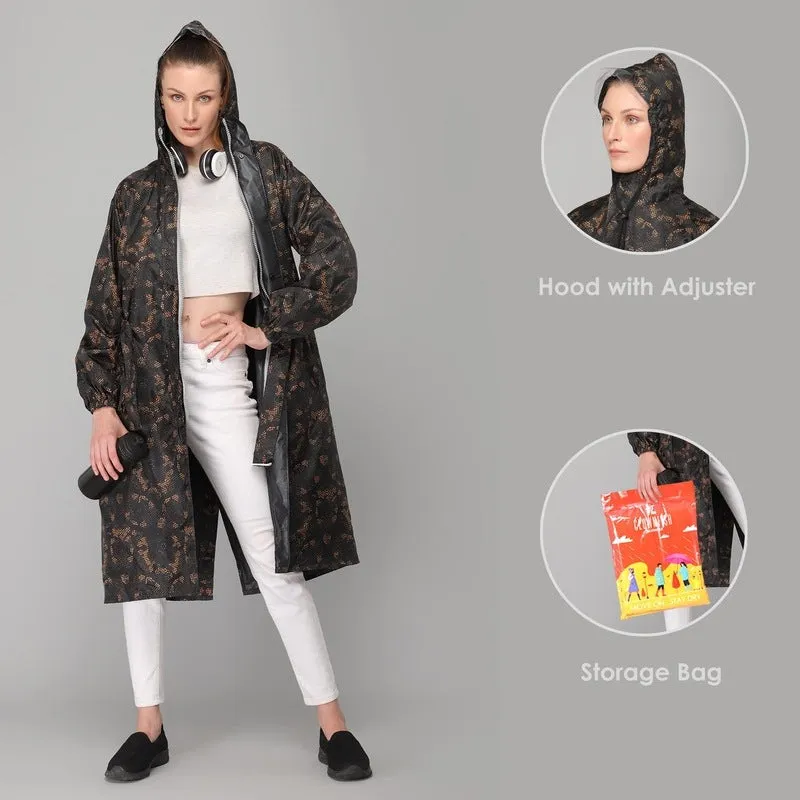 THE CLOWNFISH Juliet Series Raincoats for Women Rain Coat for Women Raincoat for Ladies Waterproof Reversible Double Layer Longcoat with Printed Plastic Pouch (Black, Large)