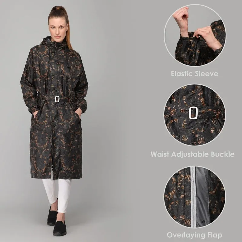 THE CLOWNFISH Juliet Series Raincoats for Women Rain Coat for Women Raincoat for Ladies Waterproof Reversible Double Layer Longcoat with Printed Plastic Pouch (Black, Large)