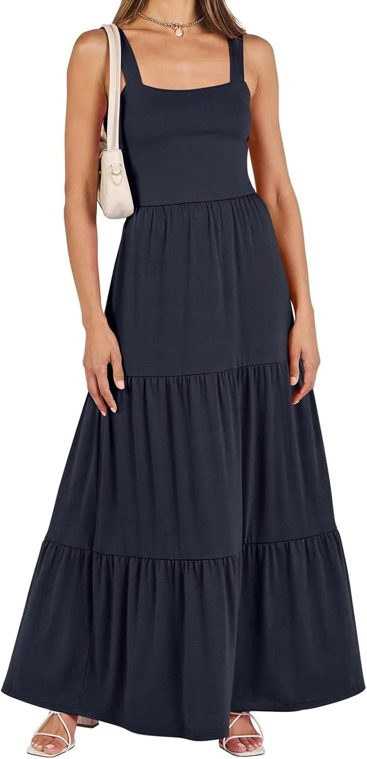 Wedding Guest Dress for Women Summer Sleeveless Tank Dress Solid Color Tiered Sundress Waist Wrop Formal Dresses
