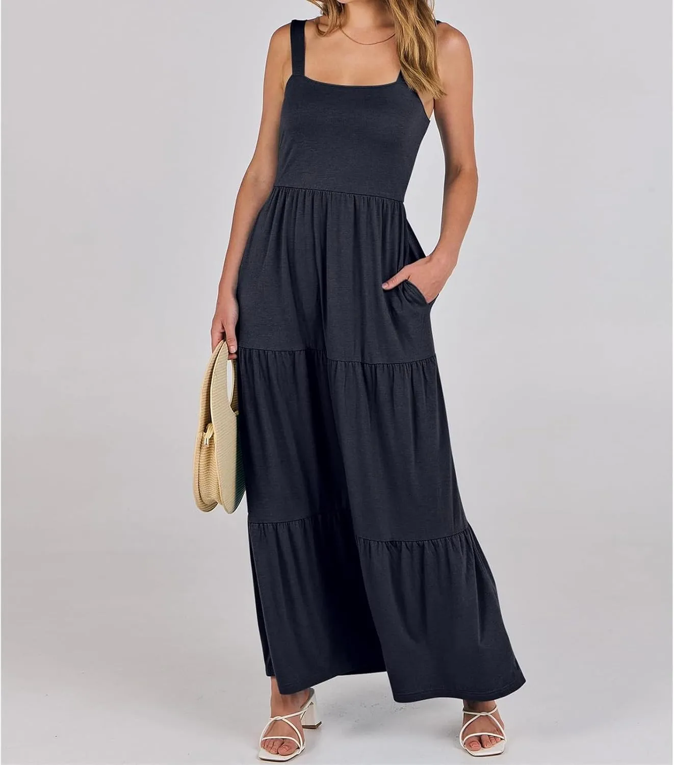 Wedding Guest Dress for Women Summer Sleeveless Tank Dress Solid Color Tiered Sundress Waist Wrop Formal Dresses