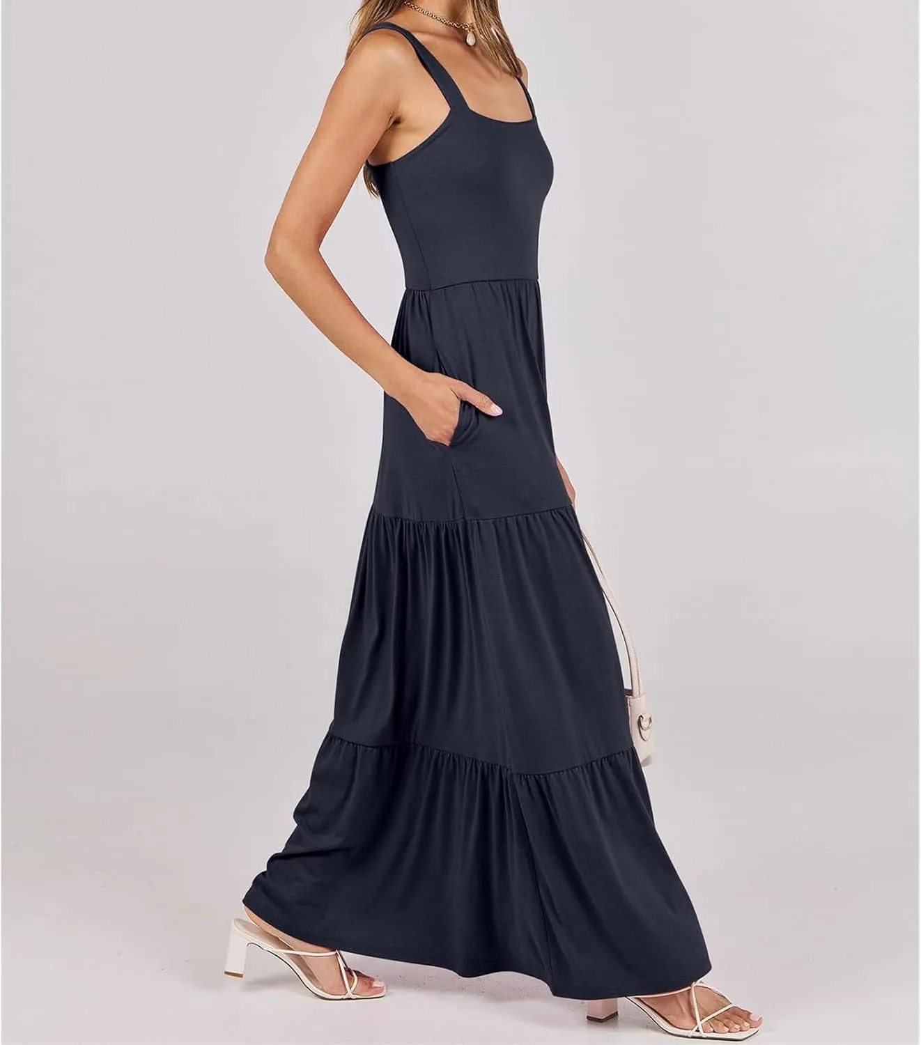 Wedding Guest Dress for Women Summer Sleeveless Tank Dress Solid Color Tiered Sundress Waist Wrop Formal Dresses