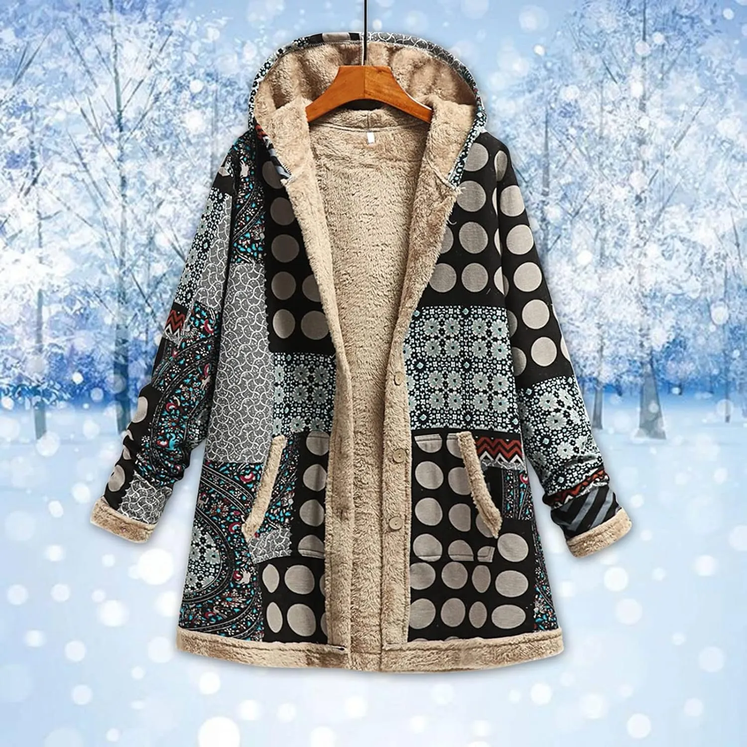 Winter Coats for Women Cotton And Linen Printing Hoodies Fall Winter Fleece Jacket Casual Hooded Sweatshirts Thick