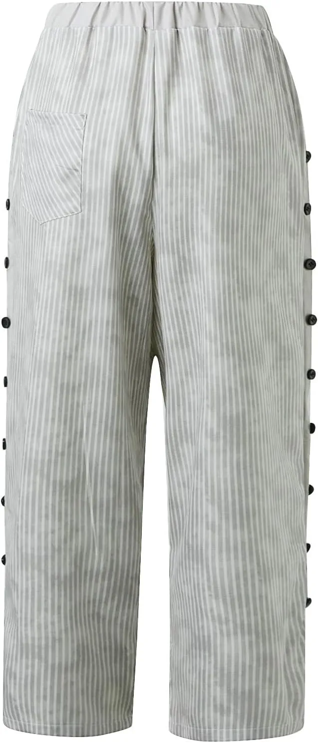 Women's Casual Lantern Harem Loose Elastic Waist Capris Pants Summer Buttons Stripe Print Slacks Trousers with Pocket