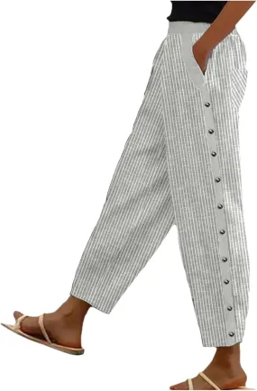 Women's Casual Lantern Harem Loose Elastic Waist Capris Pants Summer Buttons Stripe Print Slacks Trousers with Pocket