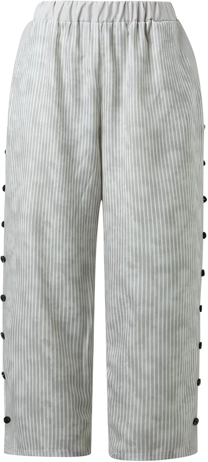 Women's Casual Lantern Harem Loose Elastic Waist Capris Pants Summer Buttons Stripe Print Slacks Trousers with Pocket