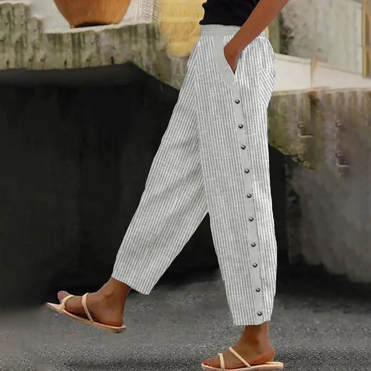 Women's Casual Lantern Harem Loose Elastic Waist Capris Pants Summer Buttons Stripe Print Slacks Trousers with Pocket
