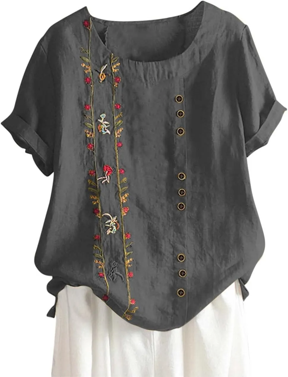 Women's Cotton Linen Shirts Fashion Loose Round Neck Embroidered Tees Loose Ethnic Style Casual Short Sleeve Shirt