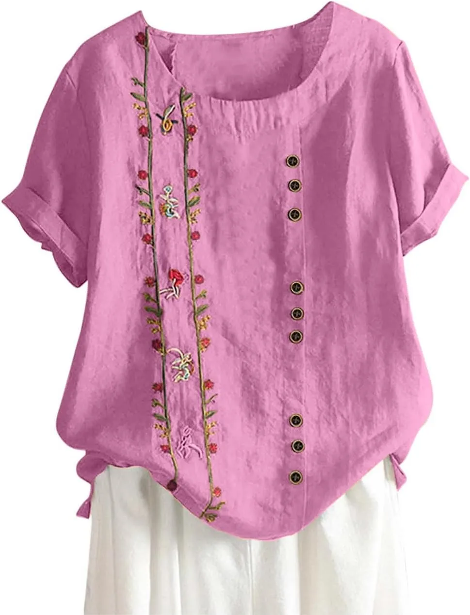 Women's Cotton Linen Shirts Fashion Loose Round Neck Embroidered Tees Loose Ethnic Style Casual Short Sleeve Shirt