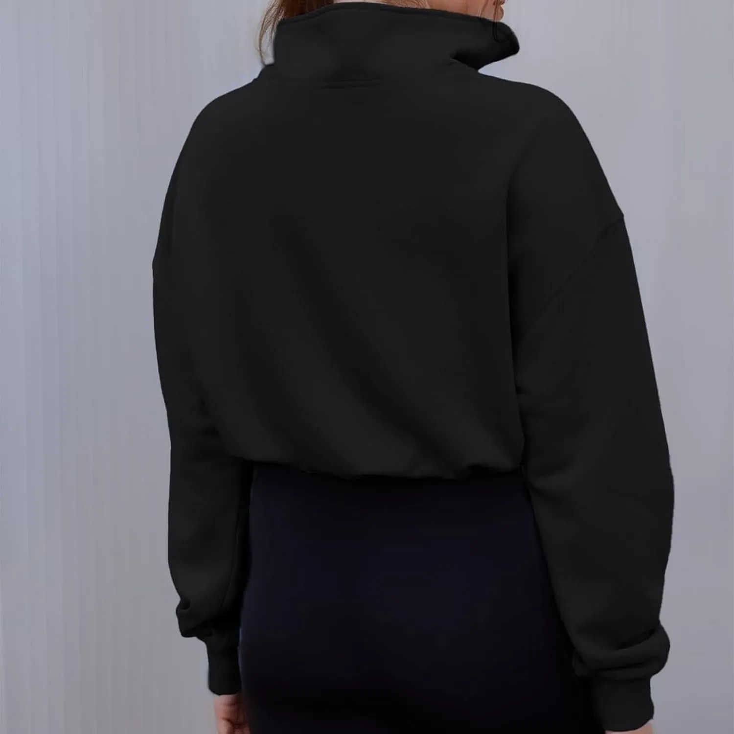 Womens Half Zip Sweatshirt Long Sleeve Solid Plain Standing Neck Cropped Hoodies Pullover Loose Fit Casual Fall Clothes