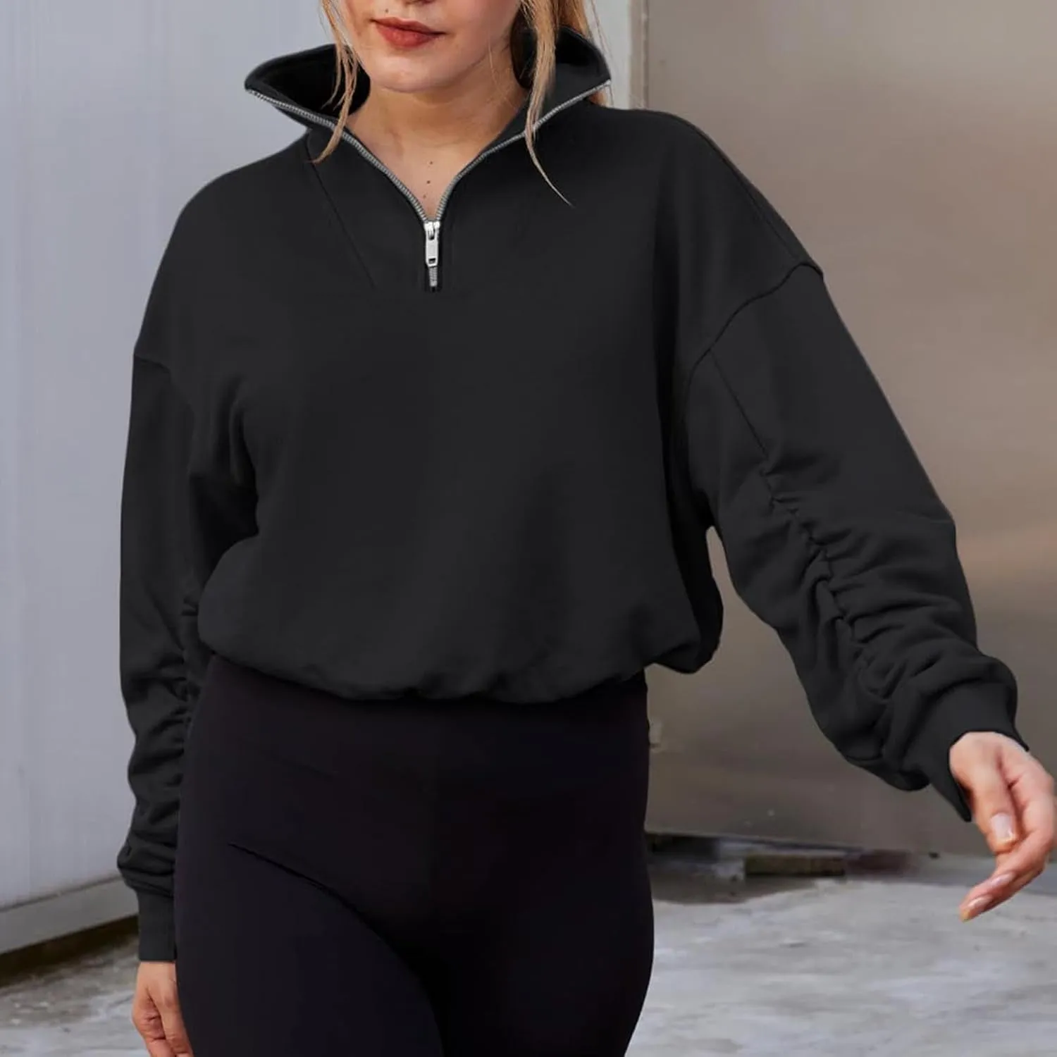 Womens Half Zip Sweatshirt Long Sleeve Solid Plain Standing Neck Cropped Hoodies Pullover Loose Fit Casual Fall Clothes