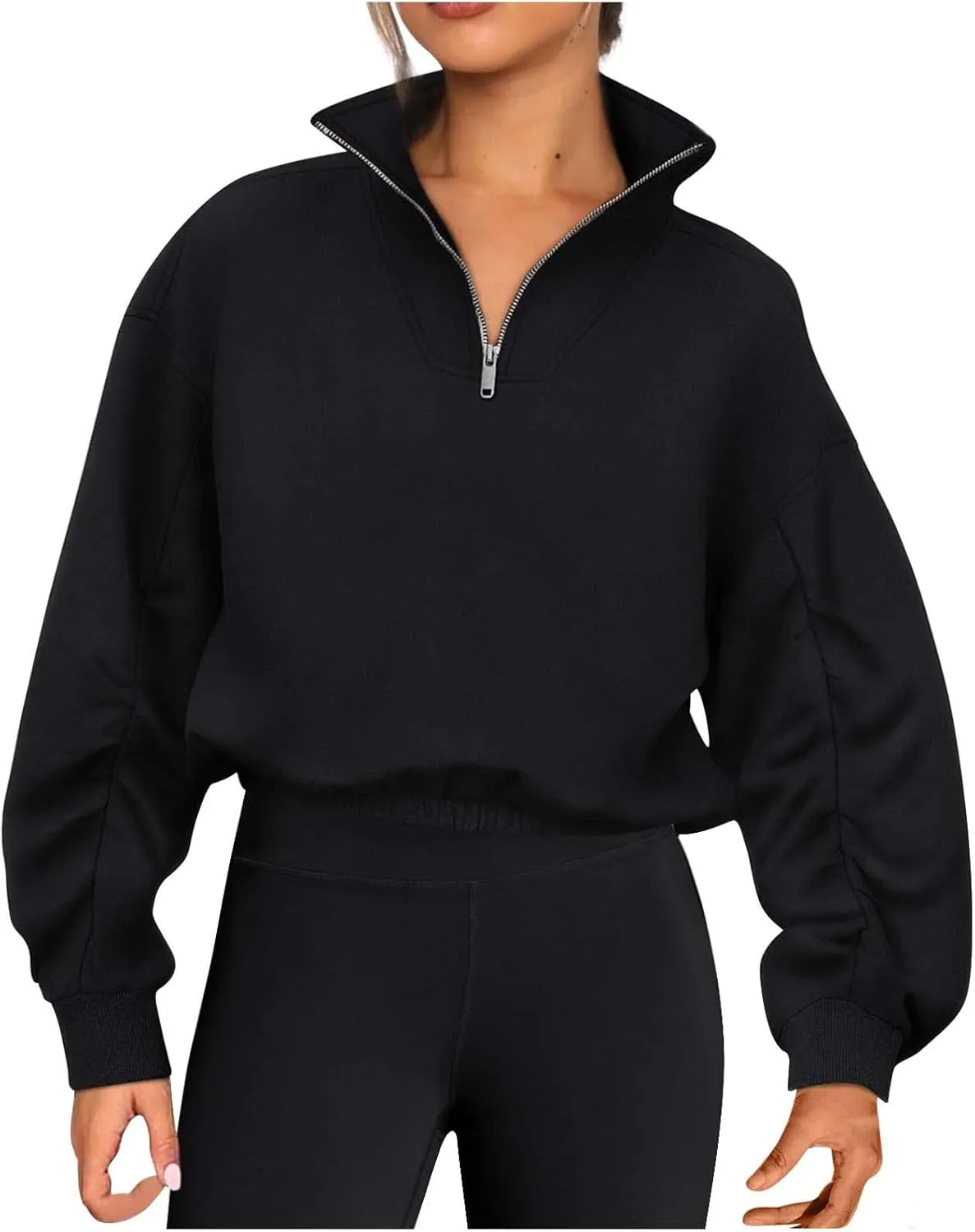 Womens Half Zip Sweatshirt Long Sleeve Solid Plain Standing Neck Cropped Hoodies Pullover Loose Fit Casual Fall Clothes