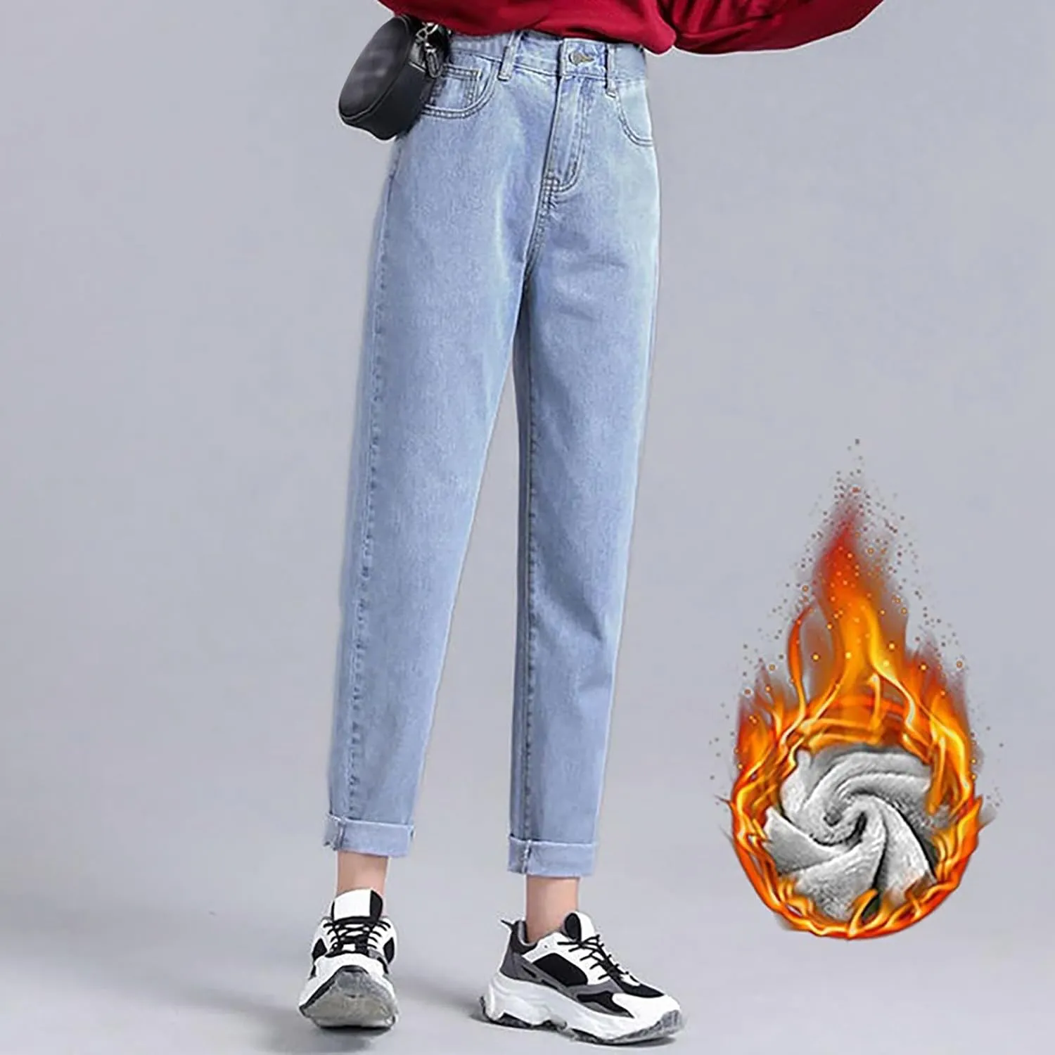Women's Jeans High Waisted Warm Winter Stretchy Fleece Lined Thicken Lounge Boot Cut Slim Fit Trousers with Pockets