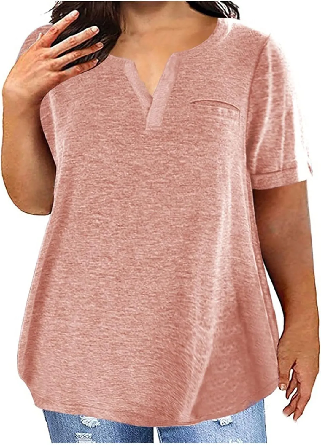 Women's Plus Size Tops Loose V-Neck Short Sleeve Blouse Solid Casual Loose Summer Shirt T-Shirts Basic Tunics