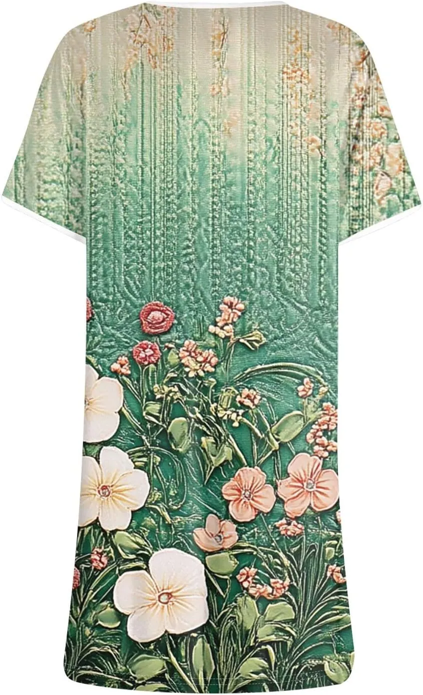 Womens Sundress Summer Floral Short Sleeve Wrap Summer Women's Dresses T Shirt Casual Round Neck A-Line Midi Dress