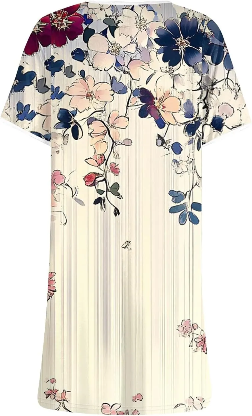 Womens Sundress Summer Floral Short Sleeve Wrap Summer Women's Dresses T Shirt Casual Round Neck A-Line Midi Dress