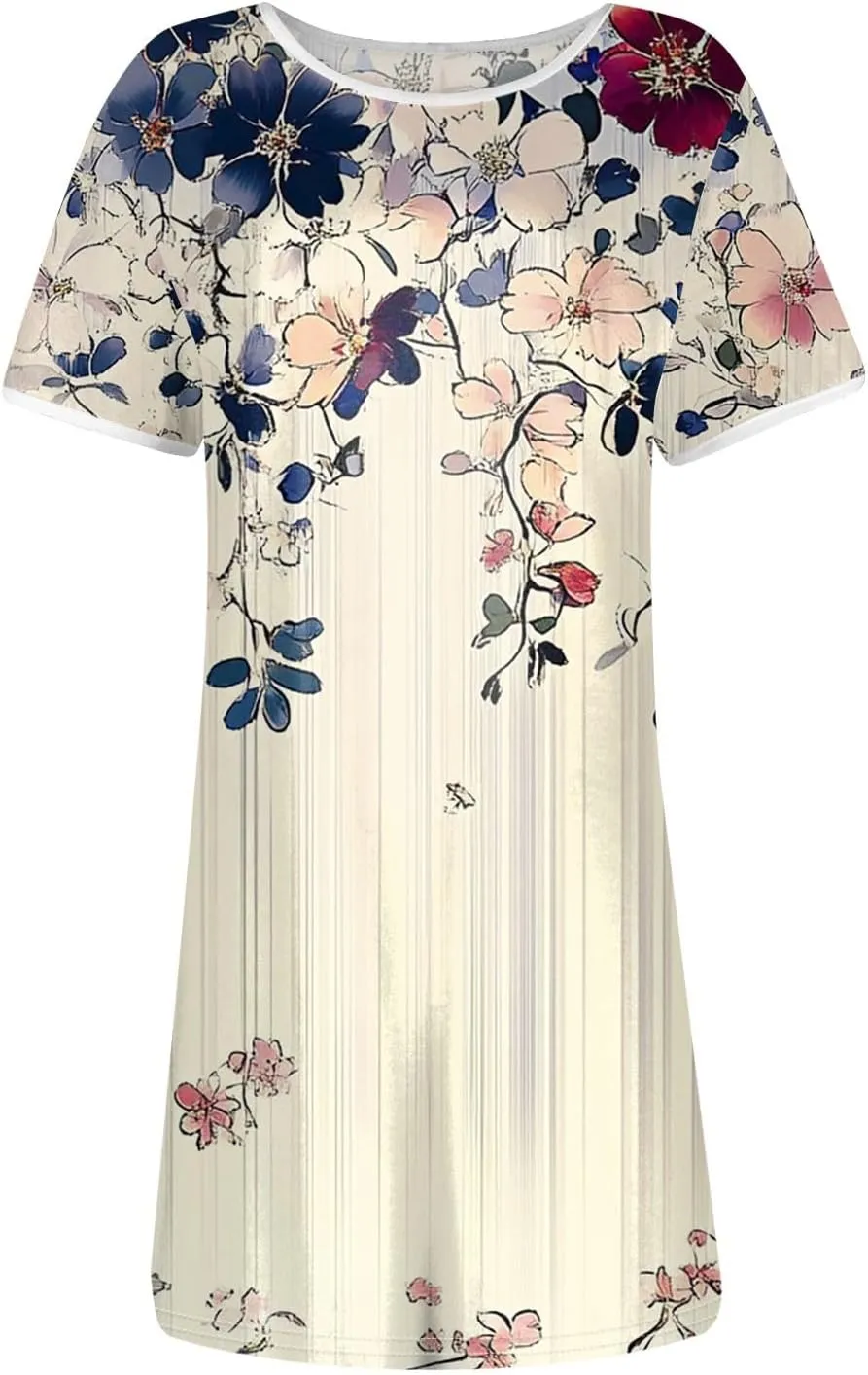Womens Sundress Summer Floral Short Sleeve Wrap Summer Women's Dresses T Shirt Casual Round Neck A-Line Midi Dress
