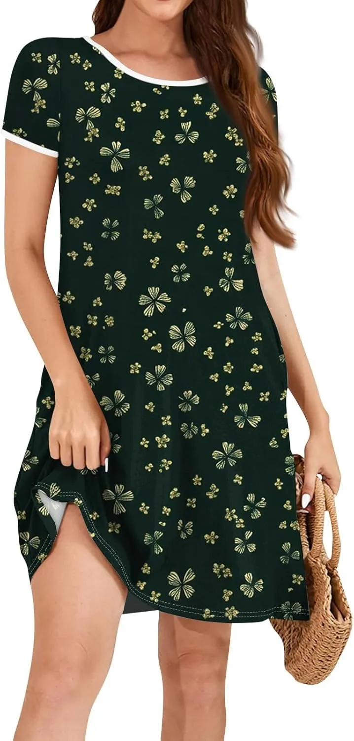 Womens Sundress Summer Floral Short Sleeve Wrap Summer Women's Dresses T Shirt Casual Round Neck A-Line Midi Dress