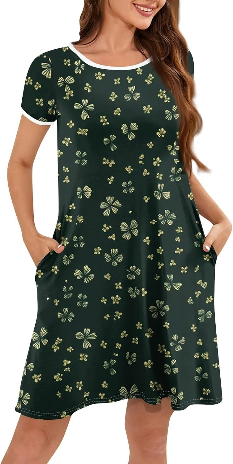 Womens Sundress Summer Floral Short Sleeve Wrap Summer Women's Dresses T Shirt Casual Round Neck A-Line Midi Dress