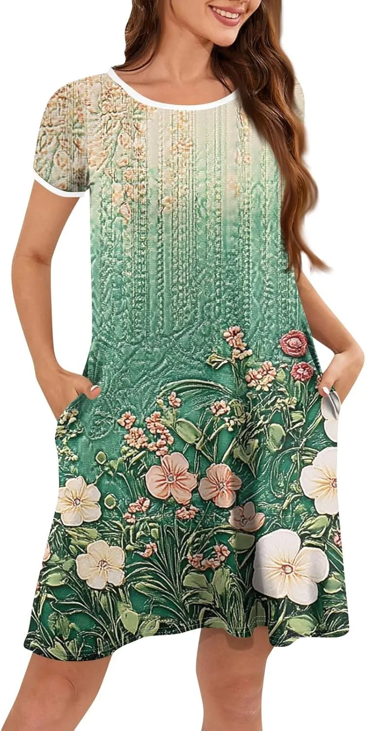 Womens Sundress Summer Floral Short Sleeve Wrap Summer Women's Dresses T Shirt Casual Round Neck A-Line Midi Dress
