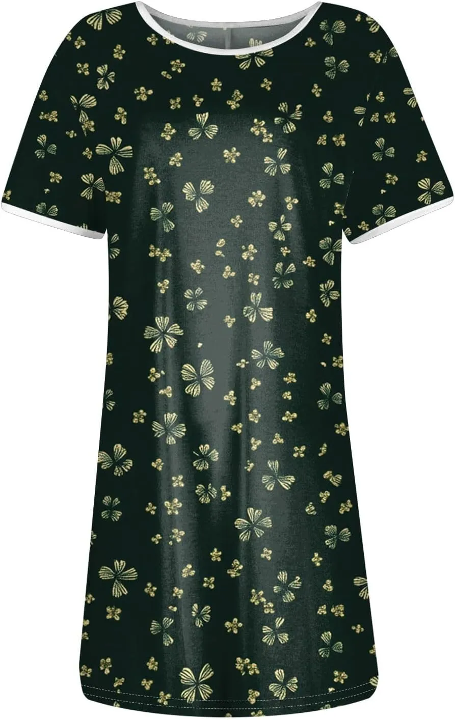 Womens Sundress Summer Floral Short Sleeve Wrap Summer Women's Dresses T Shirt Casual Round Neck A-Line Midi Dress