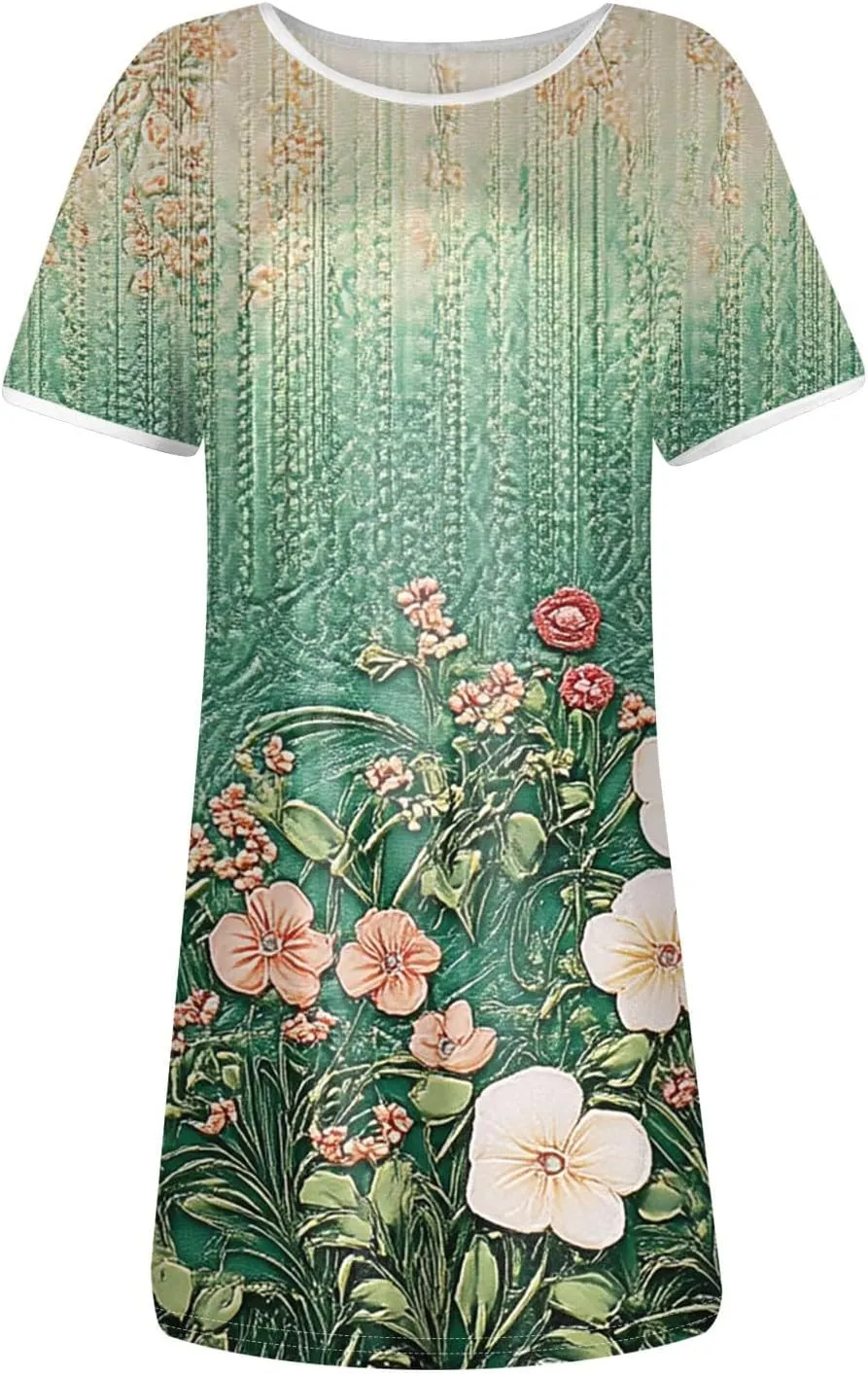 Womens Sundress Summer Floral Short Sleeve Wrap Summer Women's Dresses T Shirt Casual Round Neck A-Line Midi Dress
