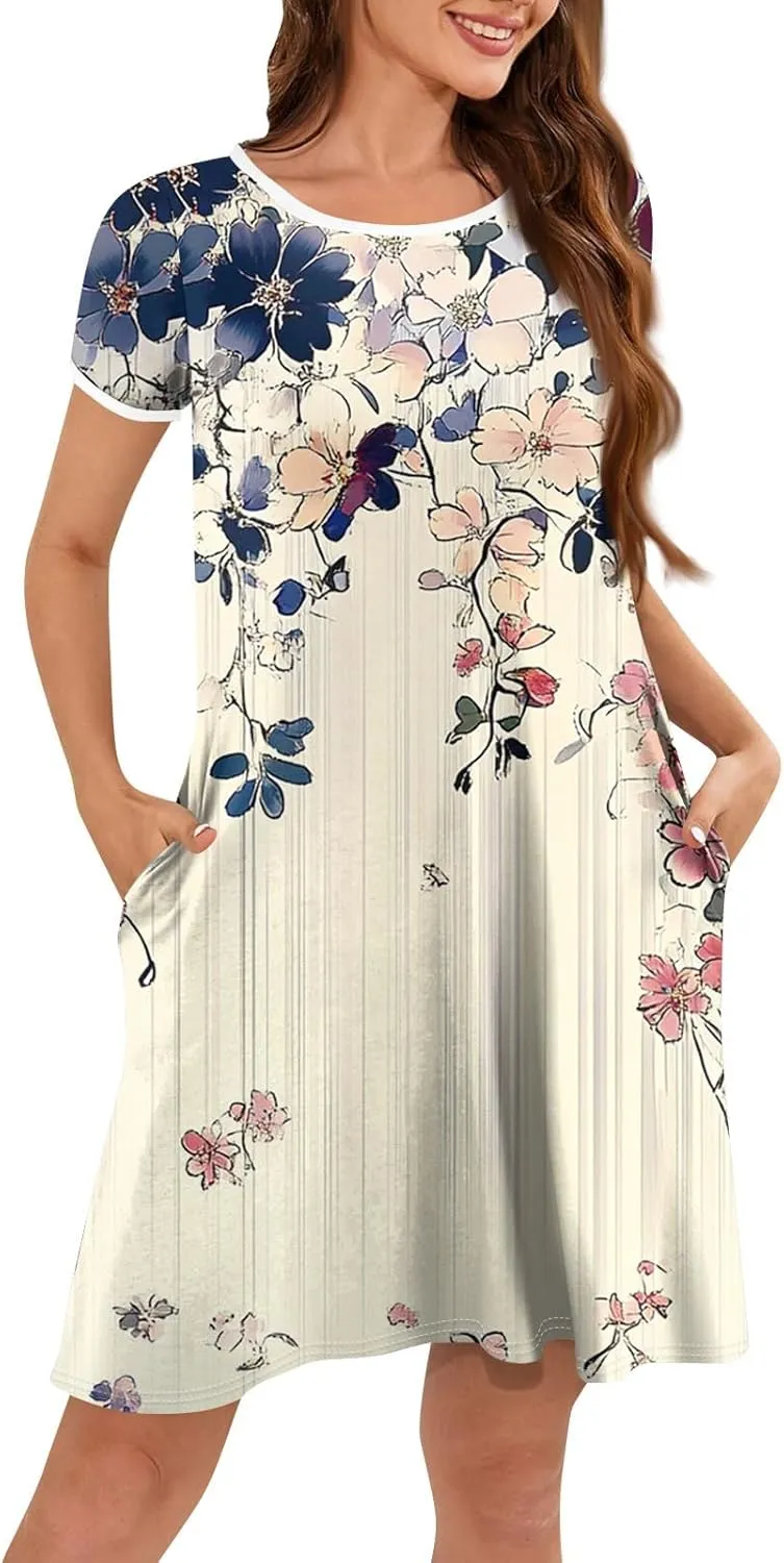 Womens Sundress Summer Floral Short Sleeve Wrap Summer Women's Dresses T Shirt Casual Round Neck A-Line Midi Dress