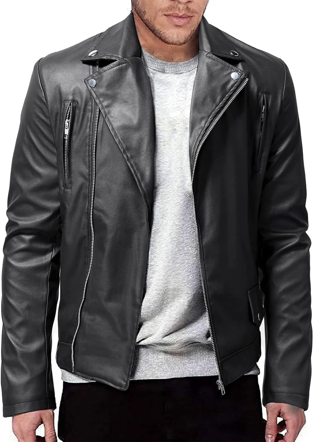 Ymosrh Mens Coats and Jackets Winter Autumn Men's Casual Solid Color Long-Sleeved Slim Leather Light Rain Jacket