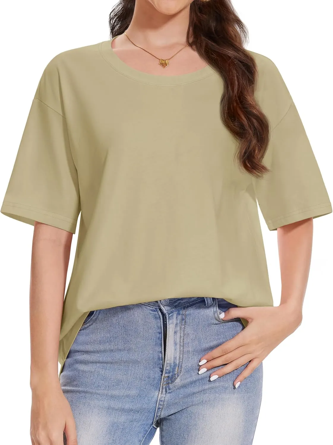 YUCOLEN Women's Oversized T Shirts Full Cotton Short Sleeve Crewneck Summer Tops Casual Loose Fit Basic Tee Shirts